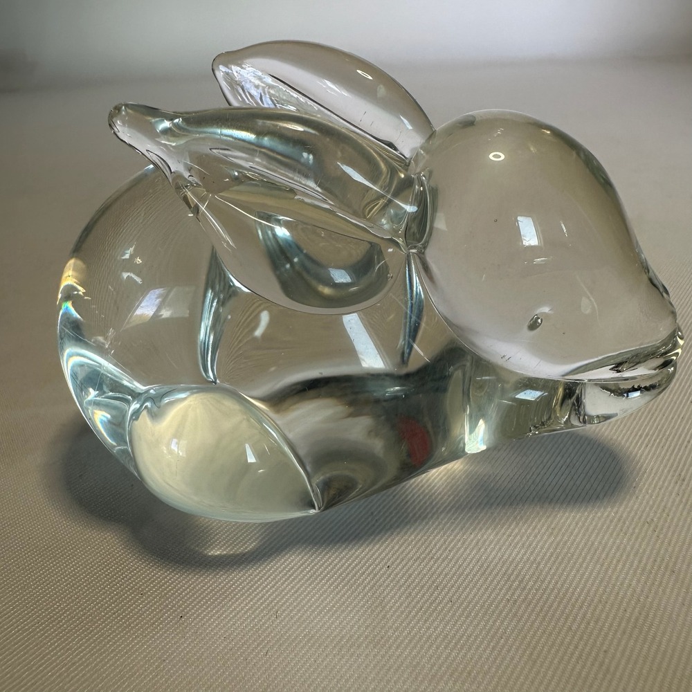 Vintage Solid Clear Hand Blown Art Glass Rabbit Figurine Paperweight MCM Decor